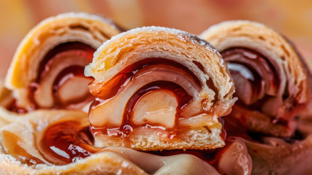A close up of a pastry with caramel and fruit filling, AIの素材