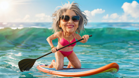 A cartoon image of a woman in sunglasses riding on top of a surfboard, AIの素材