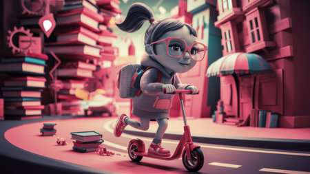 A cartoon girl riding a scooter with books and buildings in the background, AIの素材