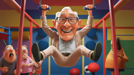 A cartoon of a man in glasses hanging from the bars, AIの素材