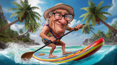 A cartoon of a man in glasses and hat riding on top of a surfboard, AIの素材