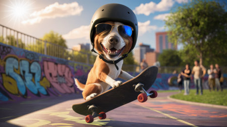 A dog wearing a helmet and riding on top of skateboard, AIの素材