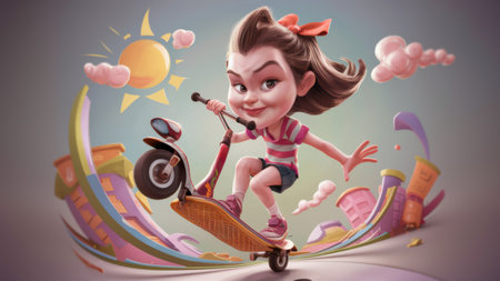 A cartoon girl riding a scooter with colorful buildings in the background, AIの素材
