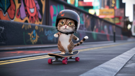 A cat in a helmet riding on top of the skateboard, AIの素材