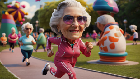 A cartoon of an animated woman in a pink jacket running, AIの素材