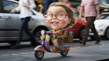 A cartoon character riding a scooter with glasses on, AIの素材