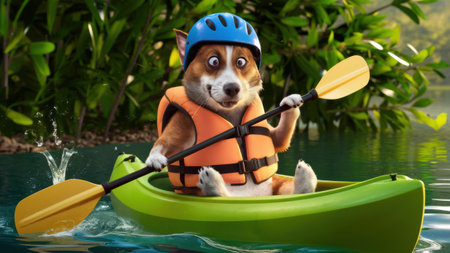 A dog in a life vest paddling on the water with an oar, AIの素材