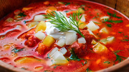 A bowl of soup with a spoon and garnish on top, AIの素材
