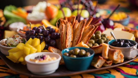 A plate of a variety of food on the table with bread and grapes, AIの素材