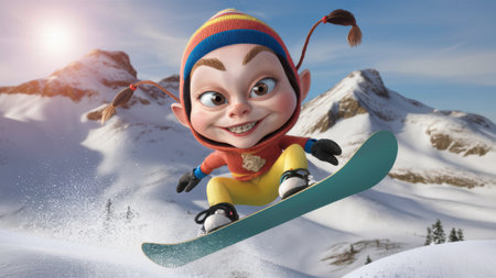 A cartoon character on a snowboard in the mountains, AIの素材