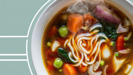 A bowl of soup with noodles, vegetables and meat in it, AIの素材