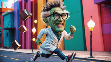 A cartoon of a man in glasses running with books, AIの素材