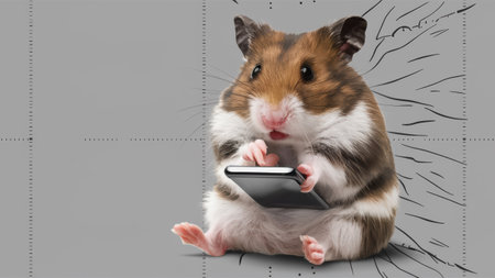 A hamster holding a cell phone in its paws with the screen cracked, AIの素材