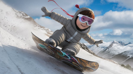 A cartoon character in a snow suit riding on top of the mountain, AIの素材