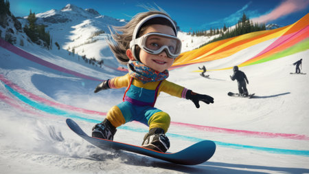 A cartoon character is riding a snowboard down the slope, AIの素材