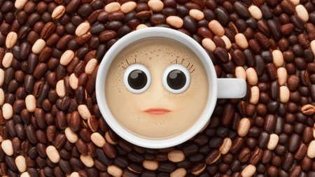 A cup of coffee with a face on it surrounded by beans, AIの素材