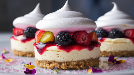 A close up of a dessert with berries and whipped cream, AIの素材