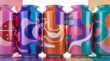 A row of cans with colorful designs on them lined up, AIの素材