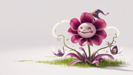 A cartoon flower with a hat on its head and smiling, AIの素材