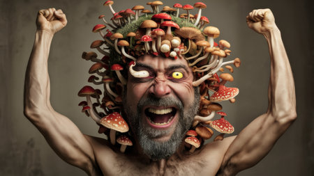 A man with a bunch of mushrooms on his head, AIの素材