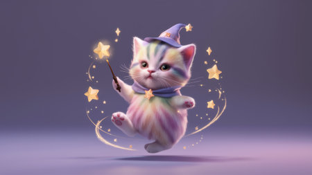A cute little cat dressed up as a wizard holding a magic wand, AIの素材