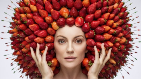 A woman with a bunch of strawberries on her head, AIの素材