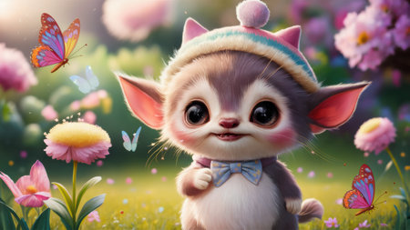 A cute little kitten with a hat and flowers in the background, AIの素材