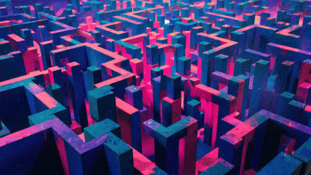 A maze of blue and pink blocks in a room, AIの素材