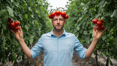 A man with tomatoes on his head in a greenhouse, AIの素材