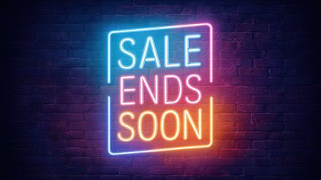 A neon sign that says sale ends soon on a brick wall, AIの素材