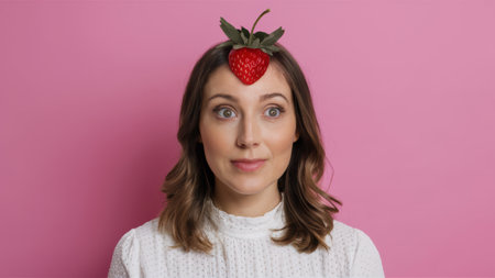 A woman with a strawberry on her head posing for the camera, AIの素材