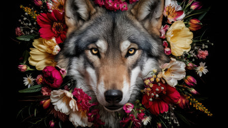 A wolfs face surrounded by flowers on a black background, AIの素材