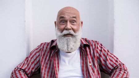 A man with a white beard and red shirt sitting down, AIの素材