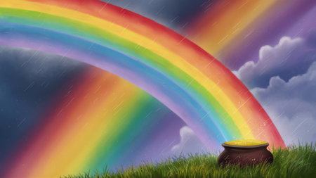 A pot of gold with a rainbow in the background, AIの素材
