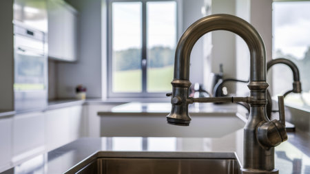 A kitchen sink with a faucet and window view of the outside, AIの素材