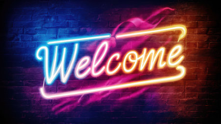 A neon sign that says welcome on a brick wall, AIの素材
