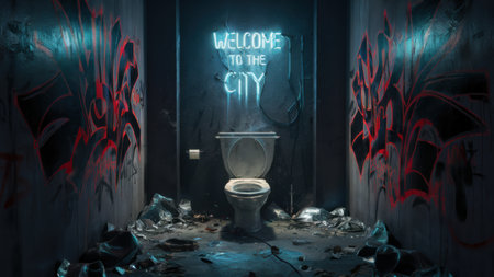 A bathroom with graffiti on the walls and a toilet, AIの素材