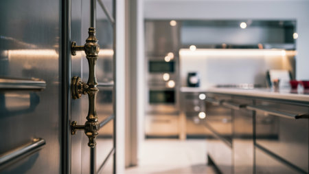 A kitchen with a stainless steel door and counter tops, AIの素材
