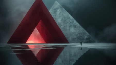 A person standing in front of a red triangle on top of water, AIの素材