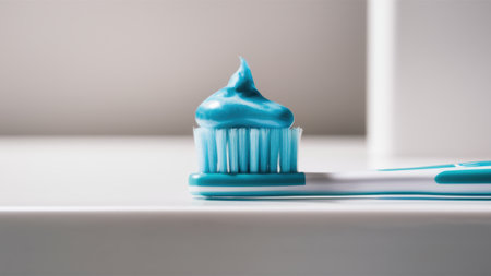 A toothbrush with blue liquid on it sitting in a sink, AIの素材