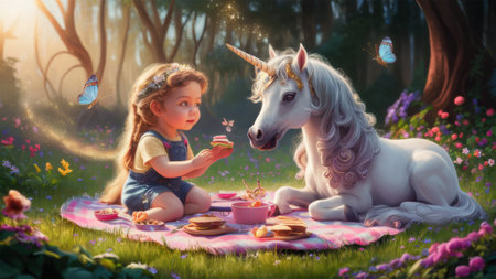 A little girl feeding a unicorn with cupcakes on the ground, AIの素材