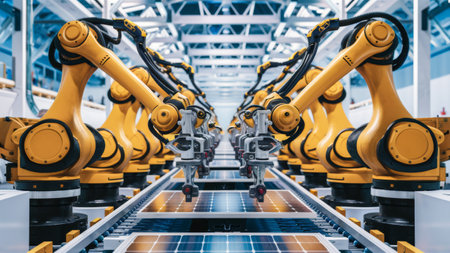 A row of robots working on a solar panel assembly line, AIの素材