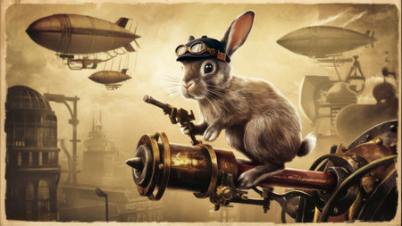 A rabbit in a top hat and goggles on an old steam engine, AIの素材
