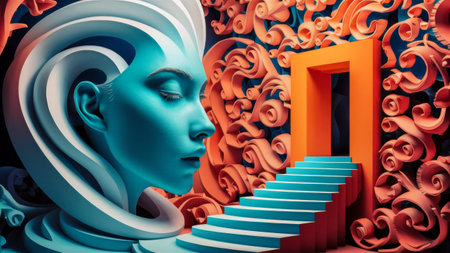 A womans head is in a blue and orange sculpture, AIの素材