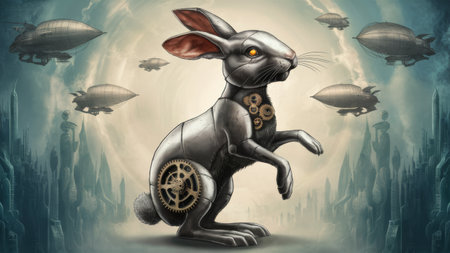 A rabbit with a steampunk design on its back and flying machines, AIの素材