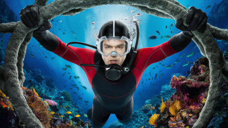 A man in scuba gear holding a rope with fish and coral, AIの素材