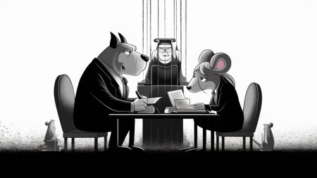 A cartoon mouse and rat sitting at a table with judge in the background, AIの素材