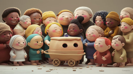 A group of people standing around a baby carriage with babies in it, AIの素材