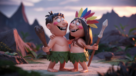 Two cartoon characters are standing next to each other holding a spear, AIの素材