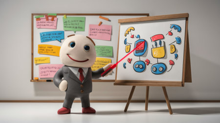 A cartoon character is standing next to a white board with pictures on it, AIの素材